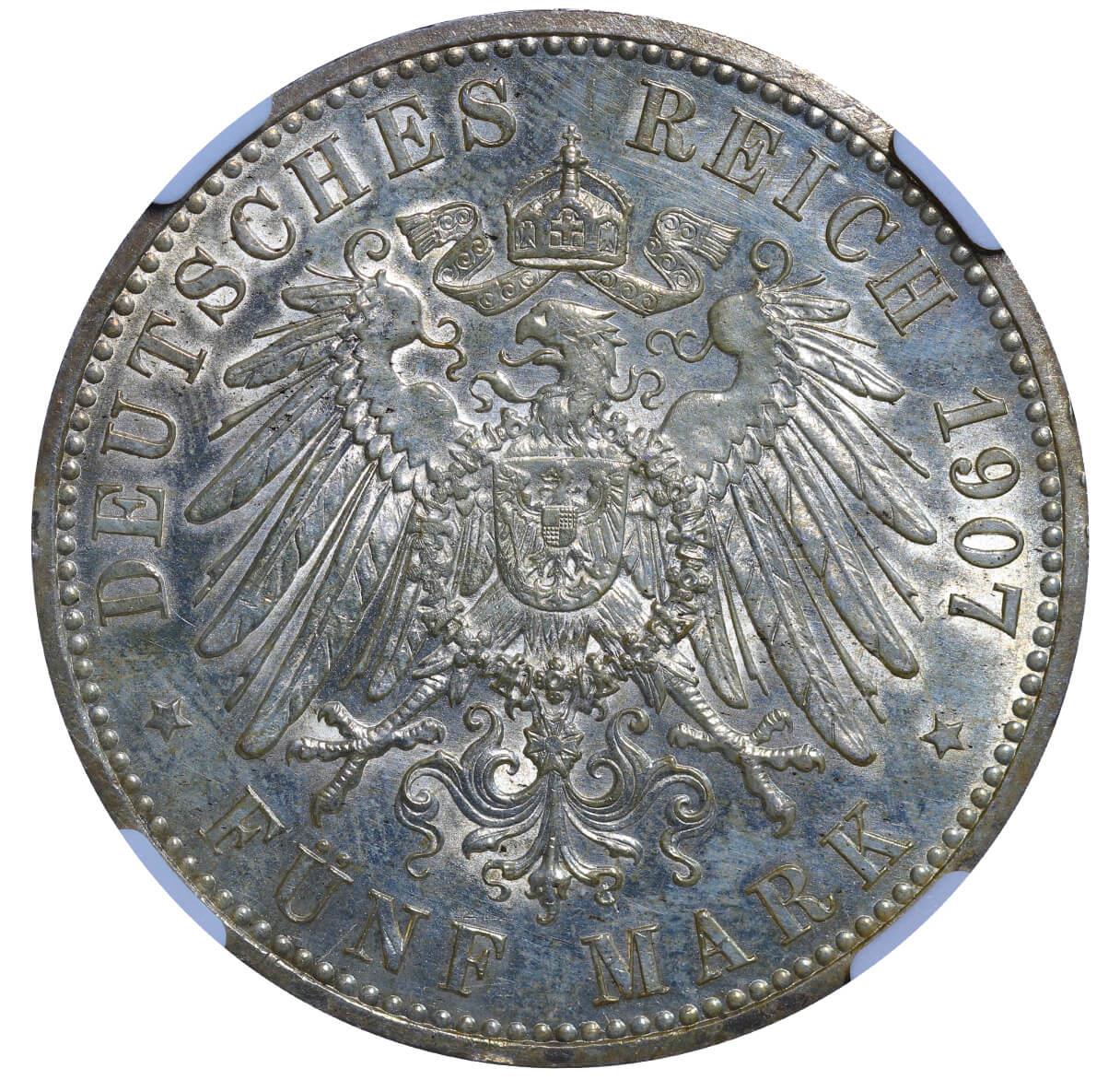 Duchy of Saxe-Coburg and Gotha, 5 Mark, 1907 year, A, NGC, UNC DETAILS Cleaned - Image 3 of 3