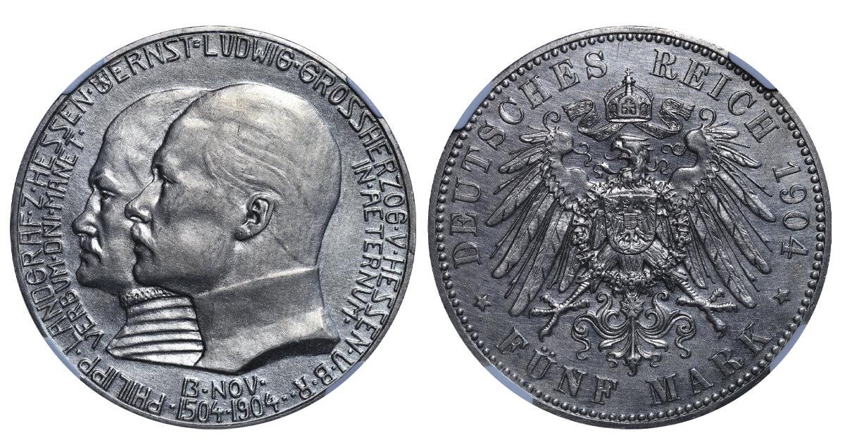 Grand duchy of Hessen-Darmstadt, 5 Mark, 1904 year, 400th Anniversary of Philipp the Magnanimous, NG