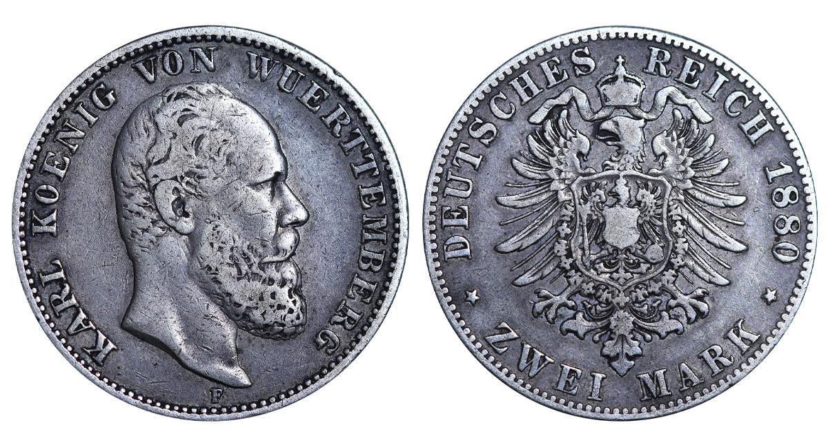 Kingdom of Württemberg, 2 Marks, 1880 year, F 