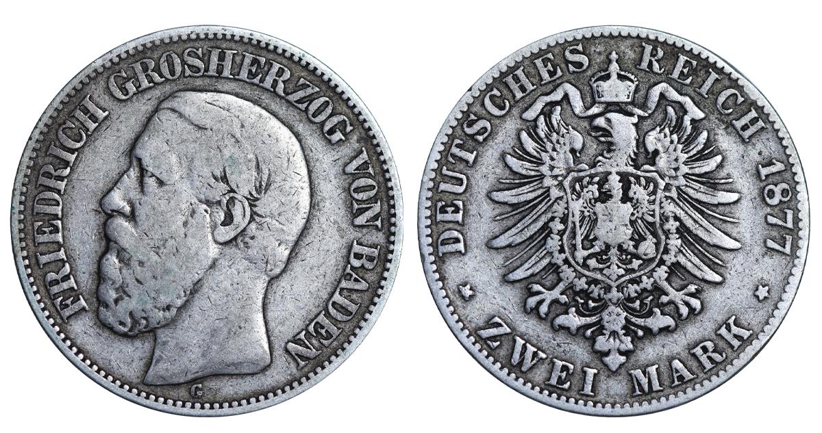 Grand Duchy of Baden, 2 Marks, 1877 year, G