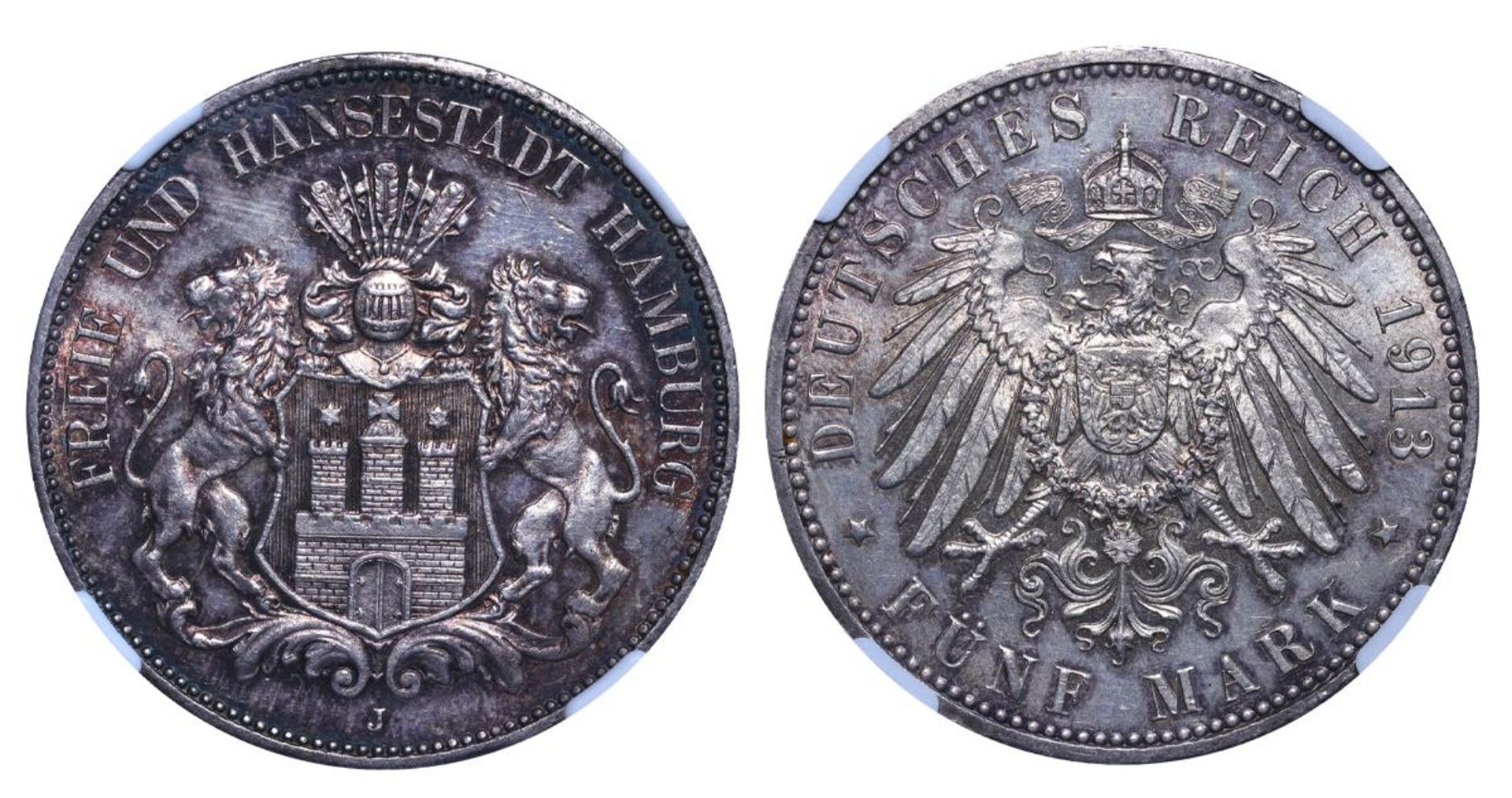 Free Hanseatic city of Hamburg, 5 Mark, 1913 year, J, UNC DETAILS OBV Spot Removed