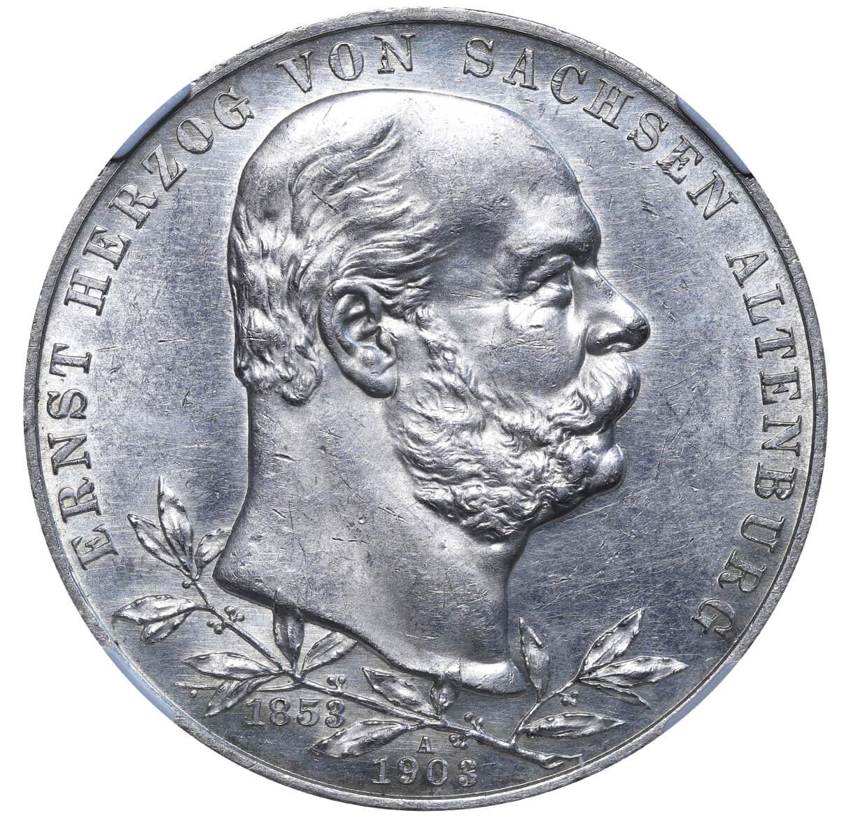 Duchy of Saxe-Altenburg, 5 Mark, 1903 year, A, 50th Anniversary of the Reign of Ernst I, NGC, UNC DE - Bild 2 aus 3