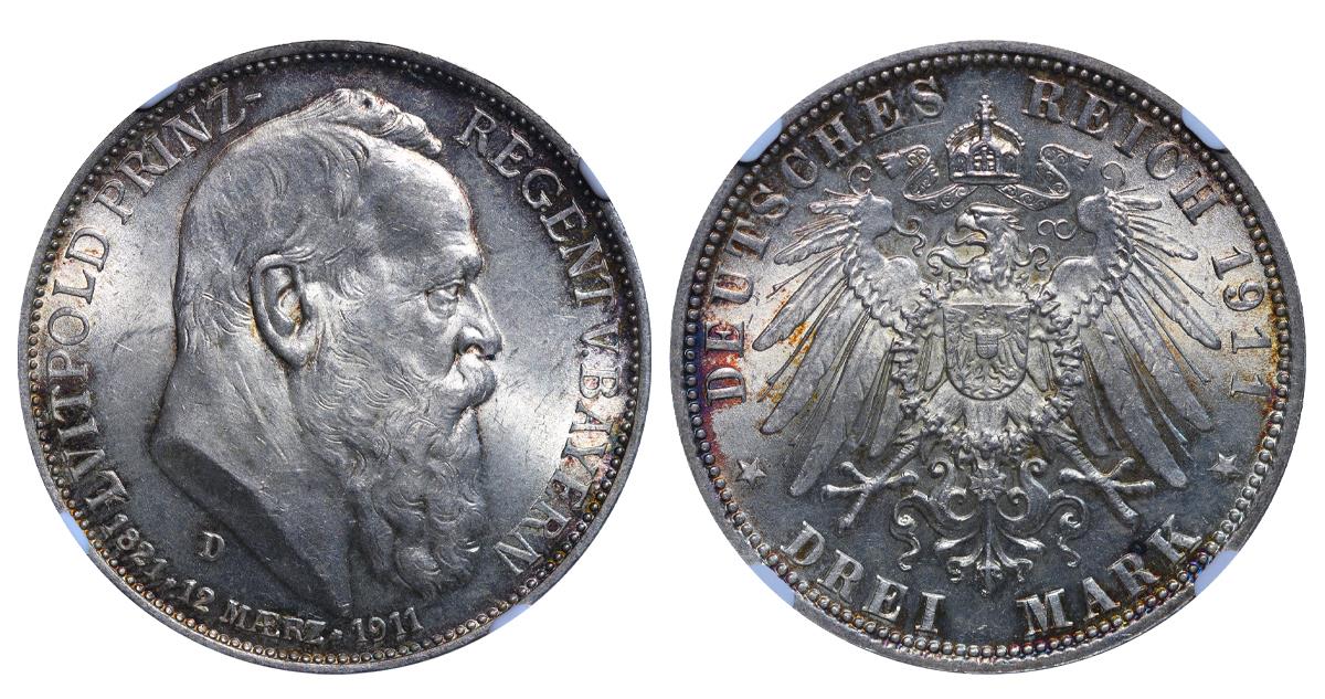 Kingdom of Bavaria, 3 Marks, 1911 year, D, 90th Birthday of Prince Regent Luitpold, NGC, MS 64