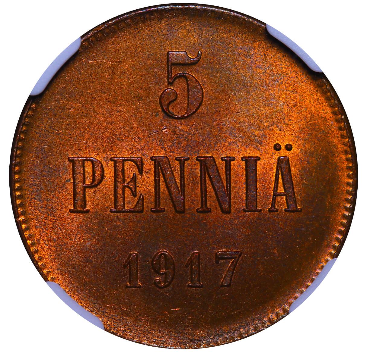 Russian Empire, 5 Pennia, 1917 year, Civil War issue, NGC, MS 65 RB, Top-PoP - Image 2 of 3