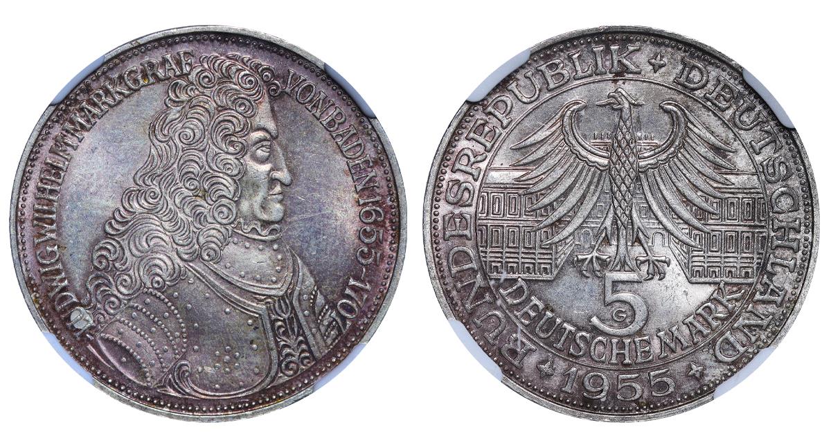 Federal Republic of Germany, 5 Deutsche Mark, G, 300th Anniversary - Birth of Ludwig Wilhelm Markgra