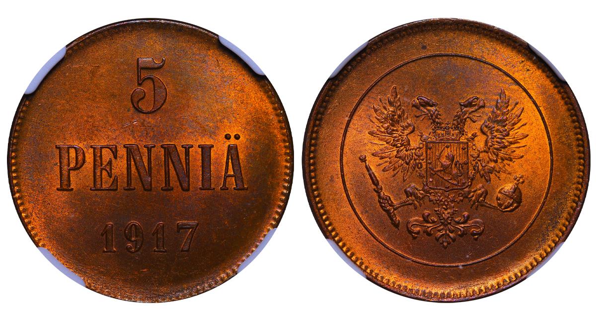 Russian Empire, 5 Pennia, 1917 year, Civil War issue, NGC, MS 65 RB, Top-PoP
