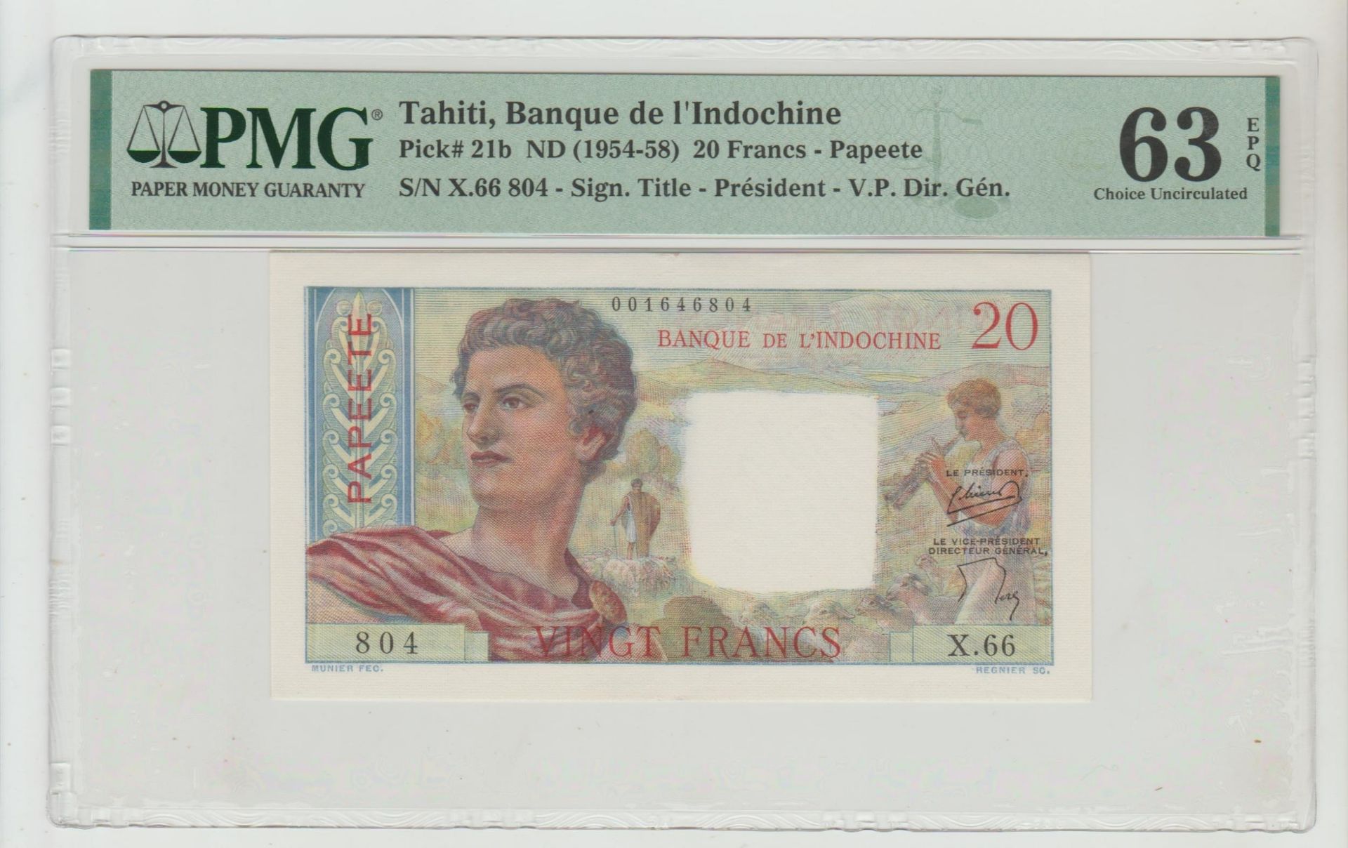 Tahiti, 20 Francs, 1954 year