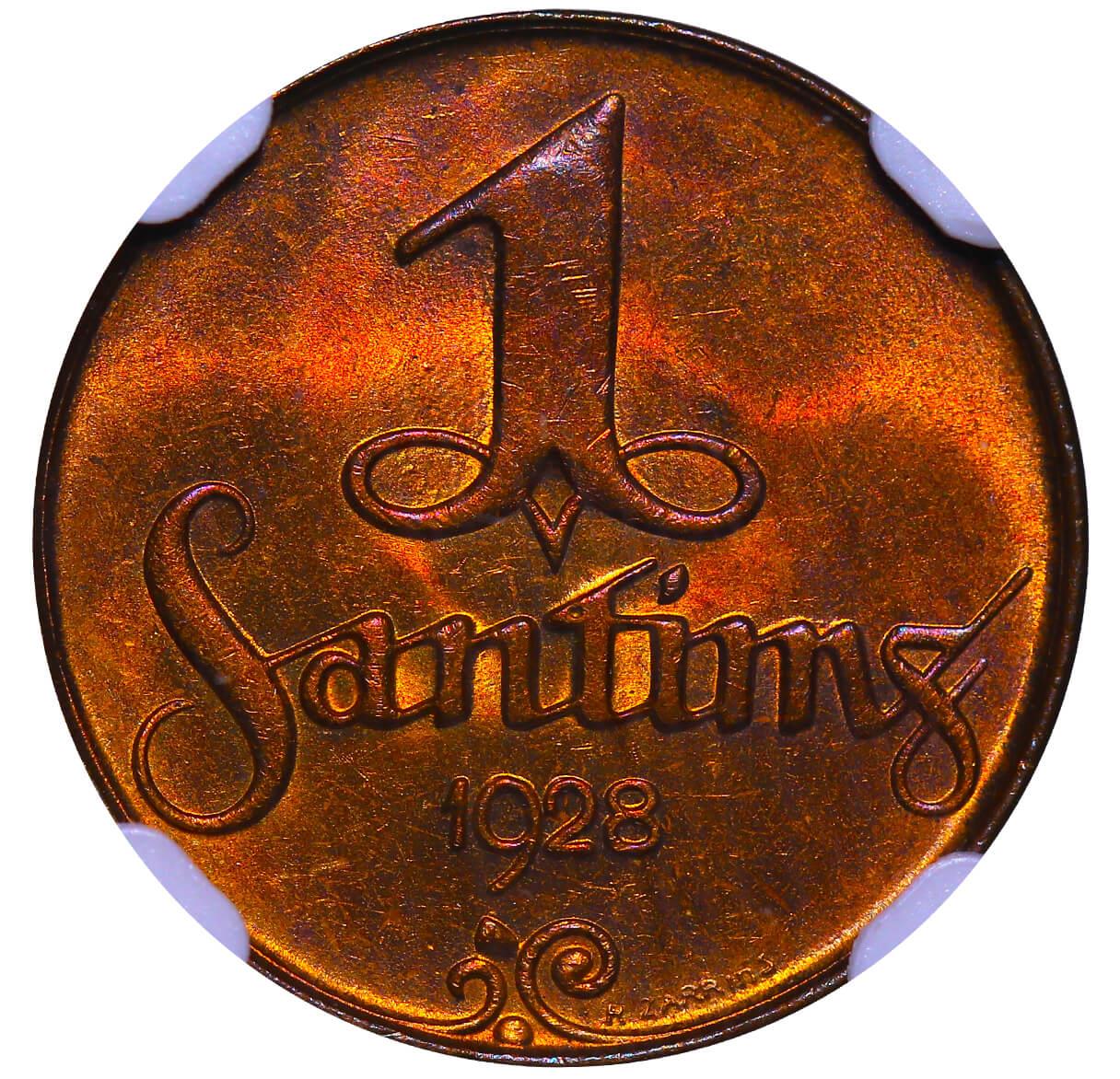 Latvia, 1 Santims, 1928 year, NGC, MS 64 RB - Image 2 of 3