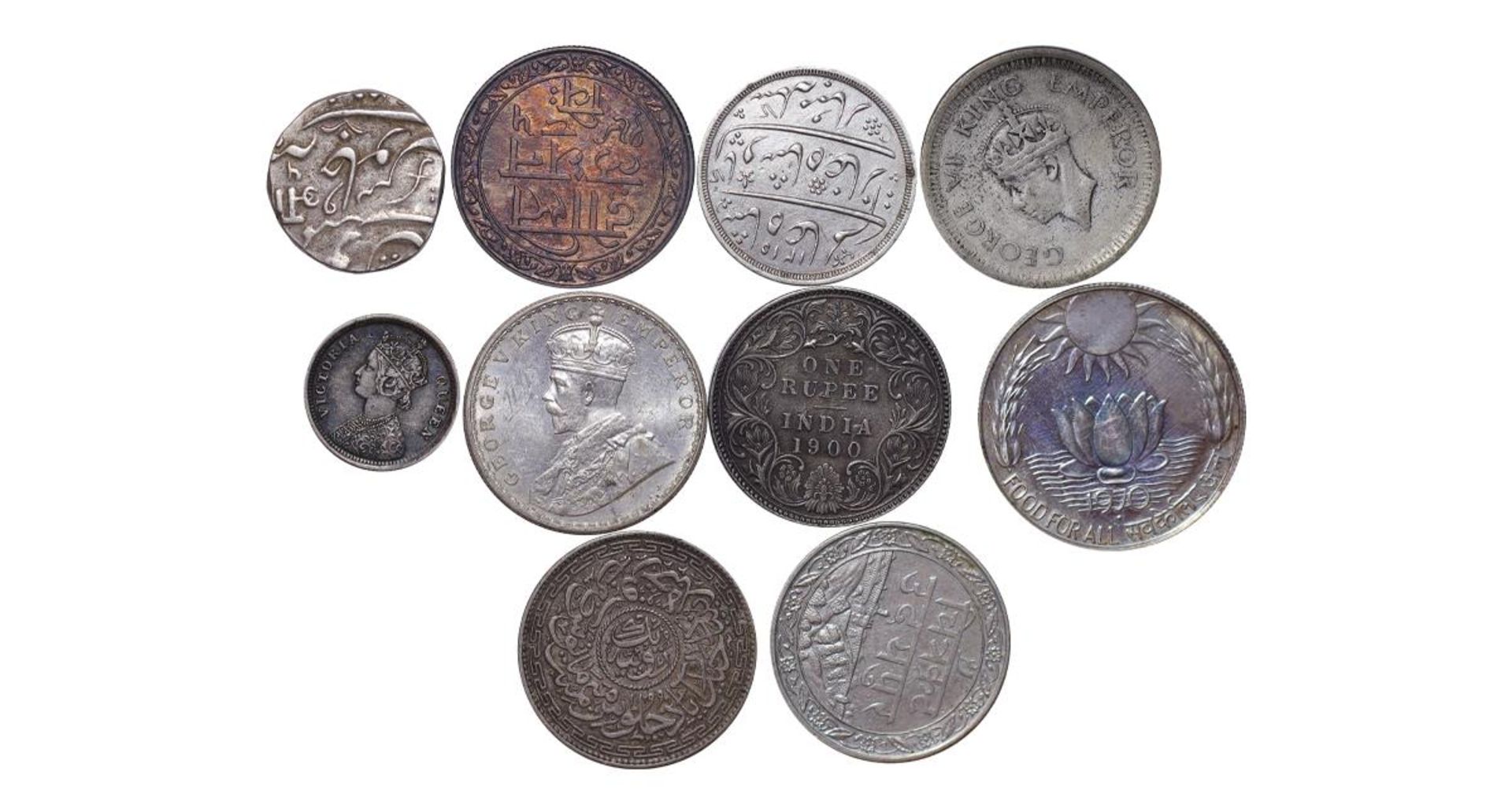  Collection of 10 Coins: Bombay Presidency, 1 Rupee, 1215 (1832) year,Princely state of Hyderabad, 1