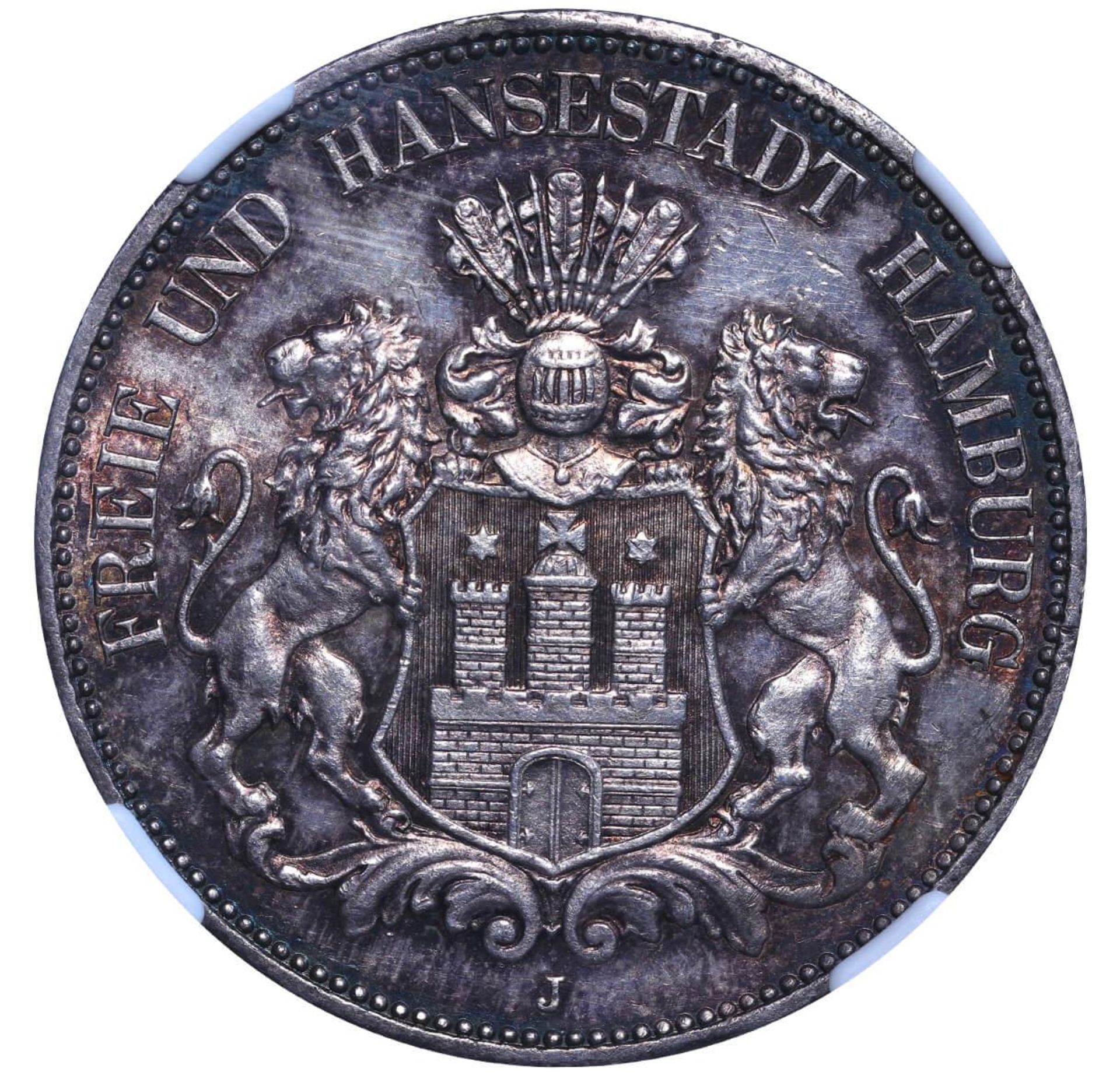 Free Hanseatic city of Hamburg, 5 Mark, 1913 year, J, UNC DETAILS OBV Spot Removed - Image 2 of 3