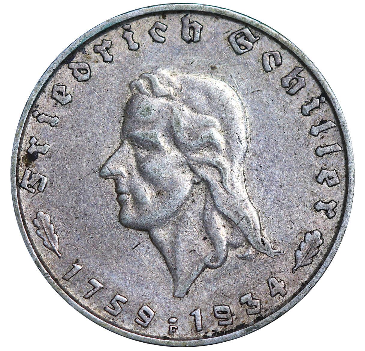 Germany, 2 Reichsmark, 1934 year, F, 175th Anniversary of Friedrich Schiller's Birth - Image 2 of 3