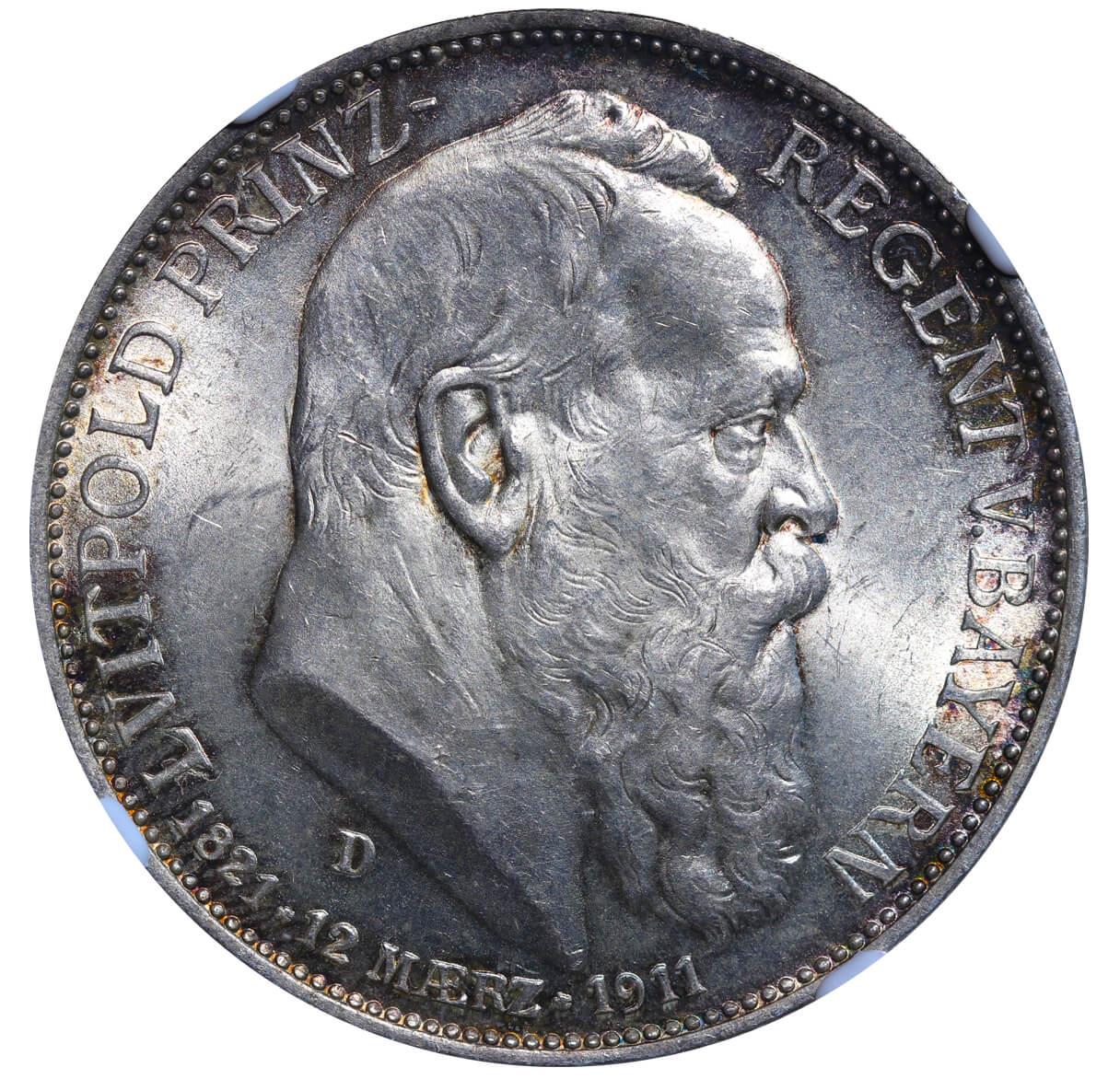 Kingdom of Bavaria, 3 Marks, 1911 year, D, 90th Birthday of Prince Regent Luitpold, NGC, MS 64 - Image 2 of 3