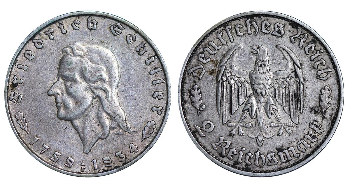 Germany, 2 Reichsmark, 1934 year, F, 175th Anniversary of Friedrich Schiller's Birth