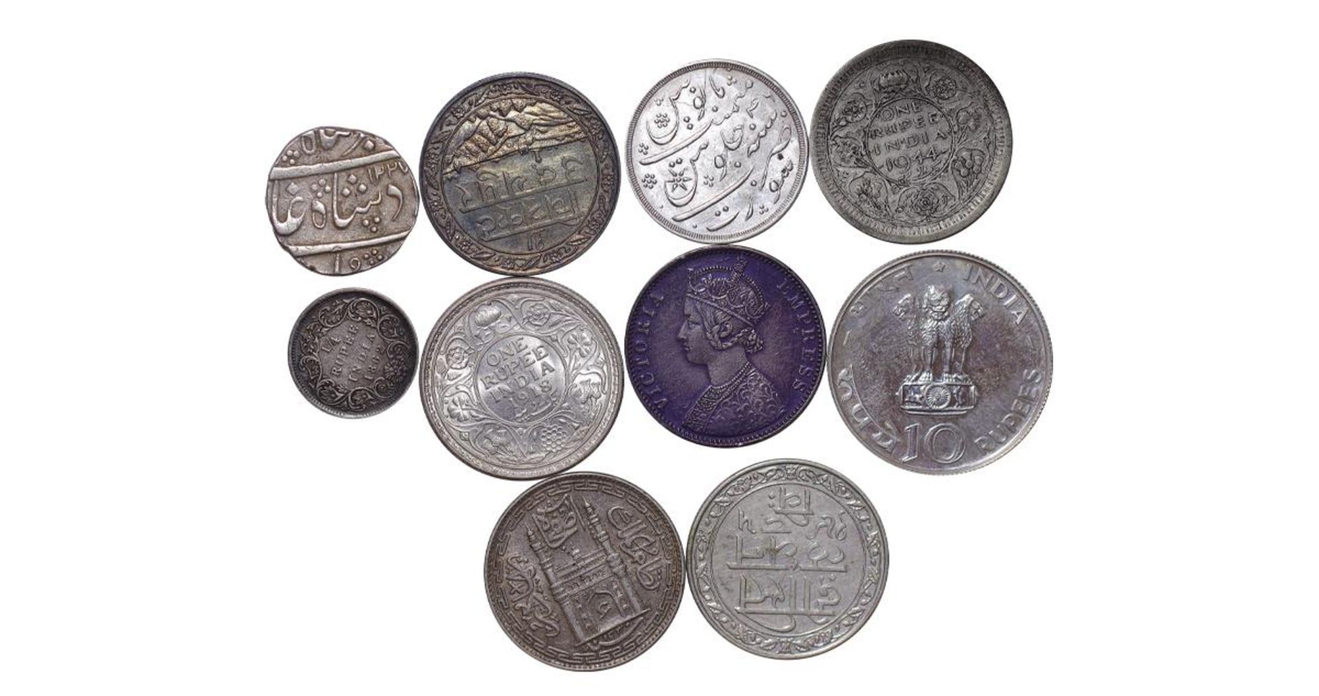  Collection of 10 Coins: Bombay Presidency, 1 Rupee, 1215 (1832) year,Princely state of Hyderabad, 1 - Image 2 of 2
