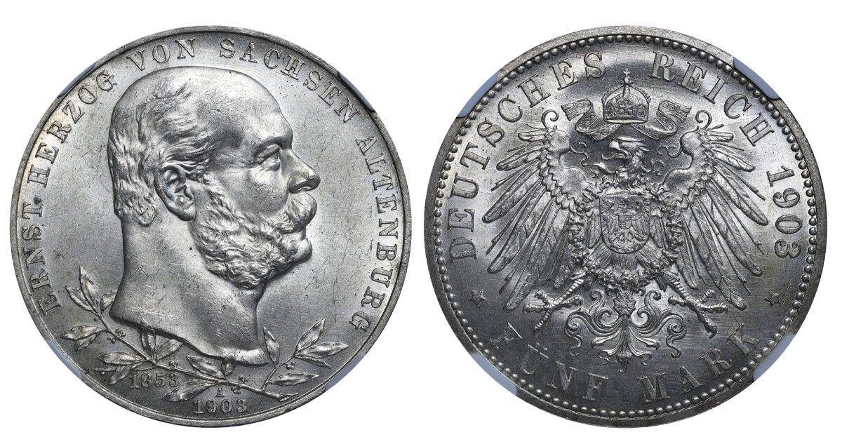 Duchy of Saxe-Altenburg, 5 Mark, 1903 year, A, 50th Anniversary of the Reign of Ernst I, NGC, MS 63