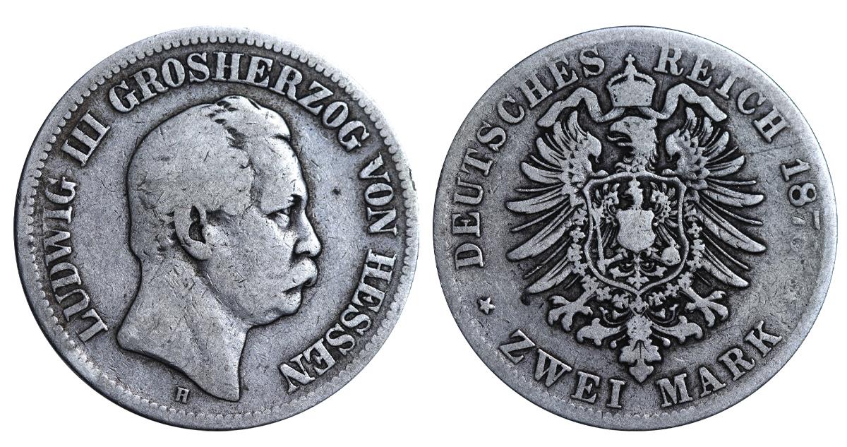 Grand duchy of Hessen-Darmstadt, 2 Marks, 1876 year, H