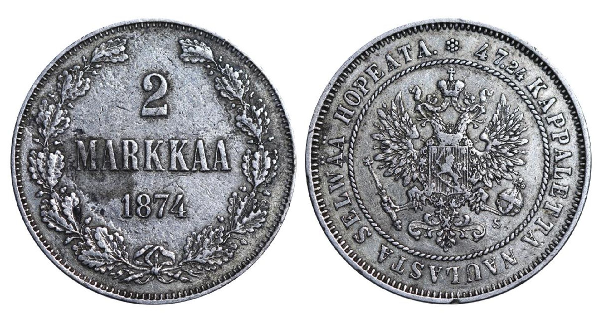 Russian Empire, 2 Markkaa, 1874 year, S