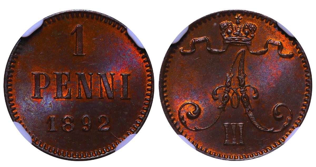 Russian Empire, 1 Penni, 1892 year, NGC, MS 64 BN