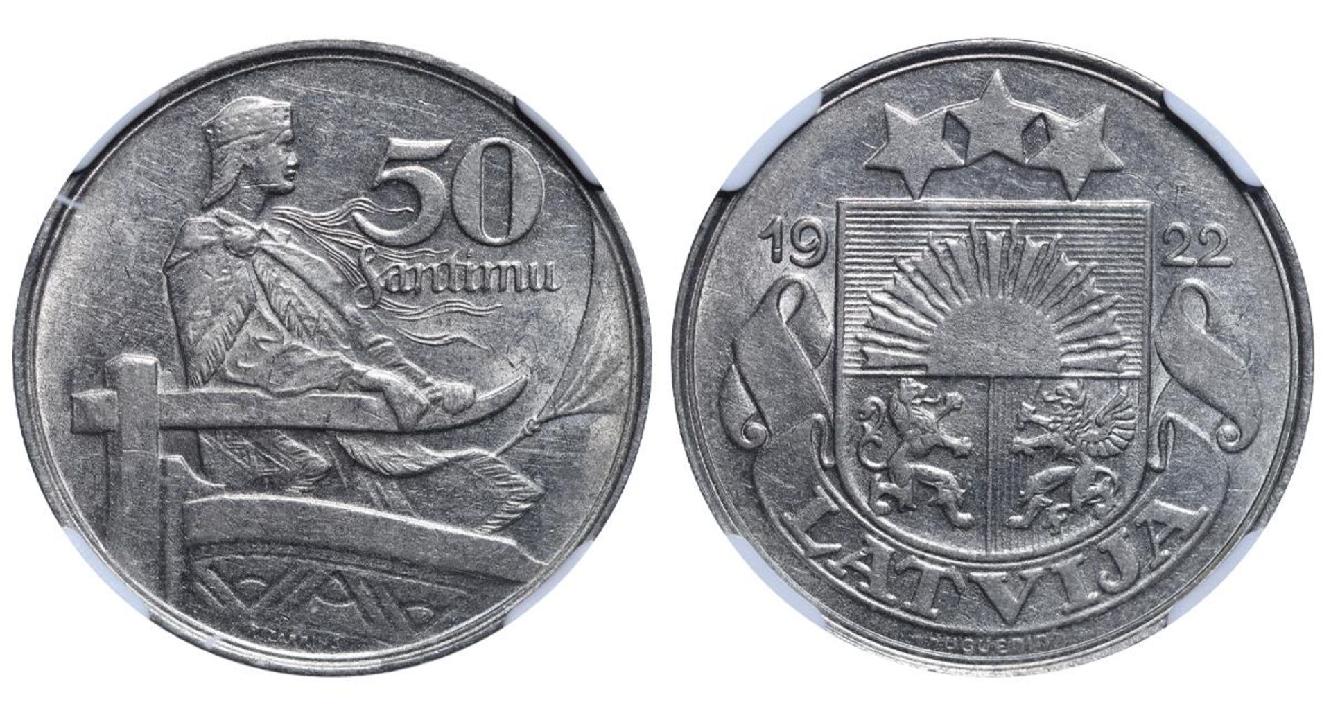 Latvia, 50 Santimu, 1922 year, NGC, AU 58