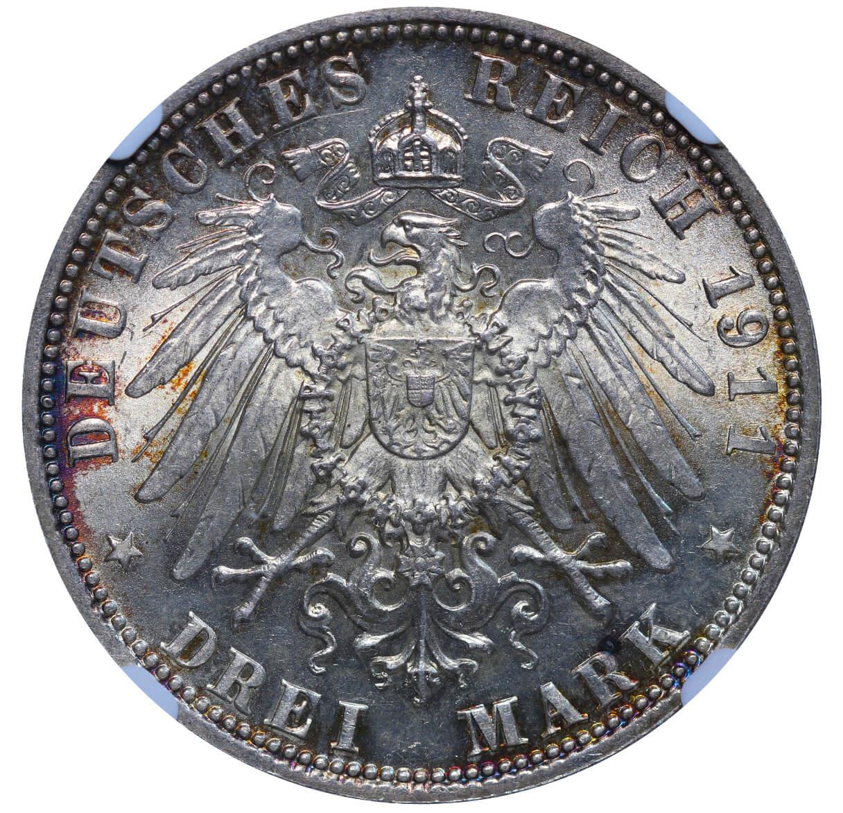 Kingdom of Bavaria, 3 Marks, 1911 year, D, 90th Birthday of Prince Regent Luitpold, NGC, MS 64 - Image 3 of 3