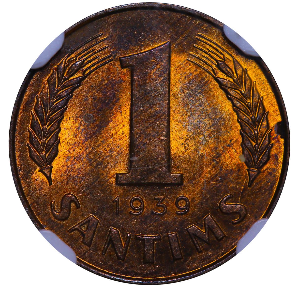 Latvia, 1 Santims, 1939 year, NGC, MS 64 RB - Image 2 of 3