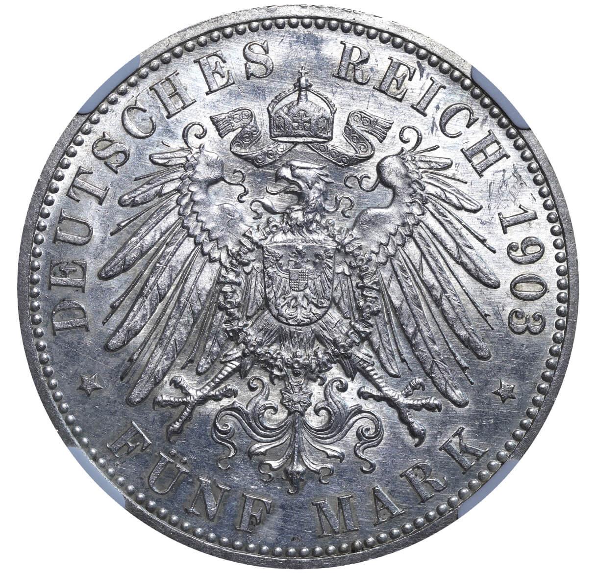 Duchy of Saxe-Altenburg, 5 Mark, 1903 year, A, 50th Anniversary of the Reign of Ernst I, NGC, UNC DE - Image 3 of 3