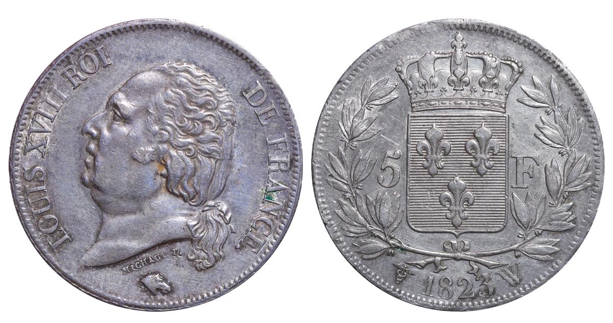 France, 5 Francs, 1823 year, W