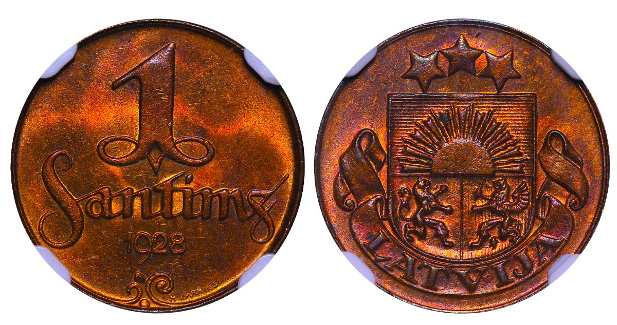 Latvia, 1 Santims, 1928 year, NGC, MS 64 RB