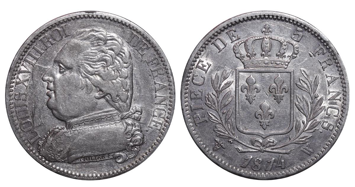 France, 5 Francs, 1814 year, W