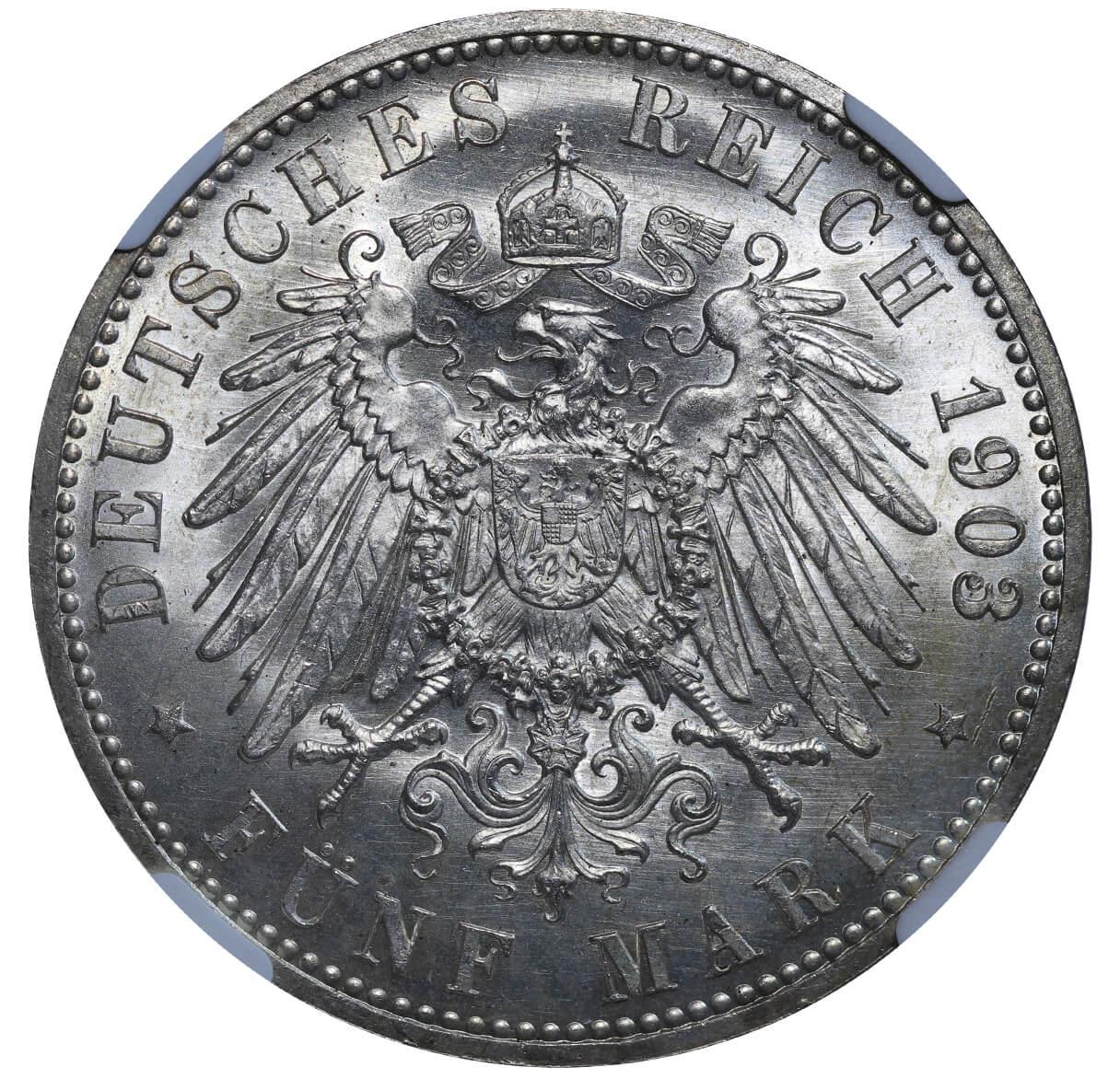 Duchy of Saxe-Altenburg, 5 Mark, 1903 year, A, 50th Anniversary of the Reign of Ernst I, NGC, MS 63 - Image 3 of 3