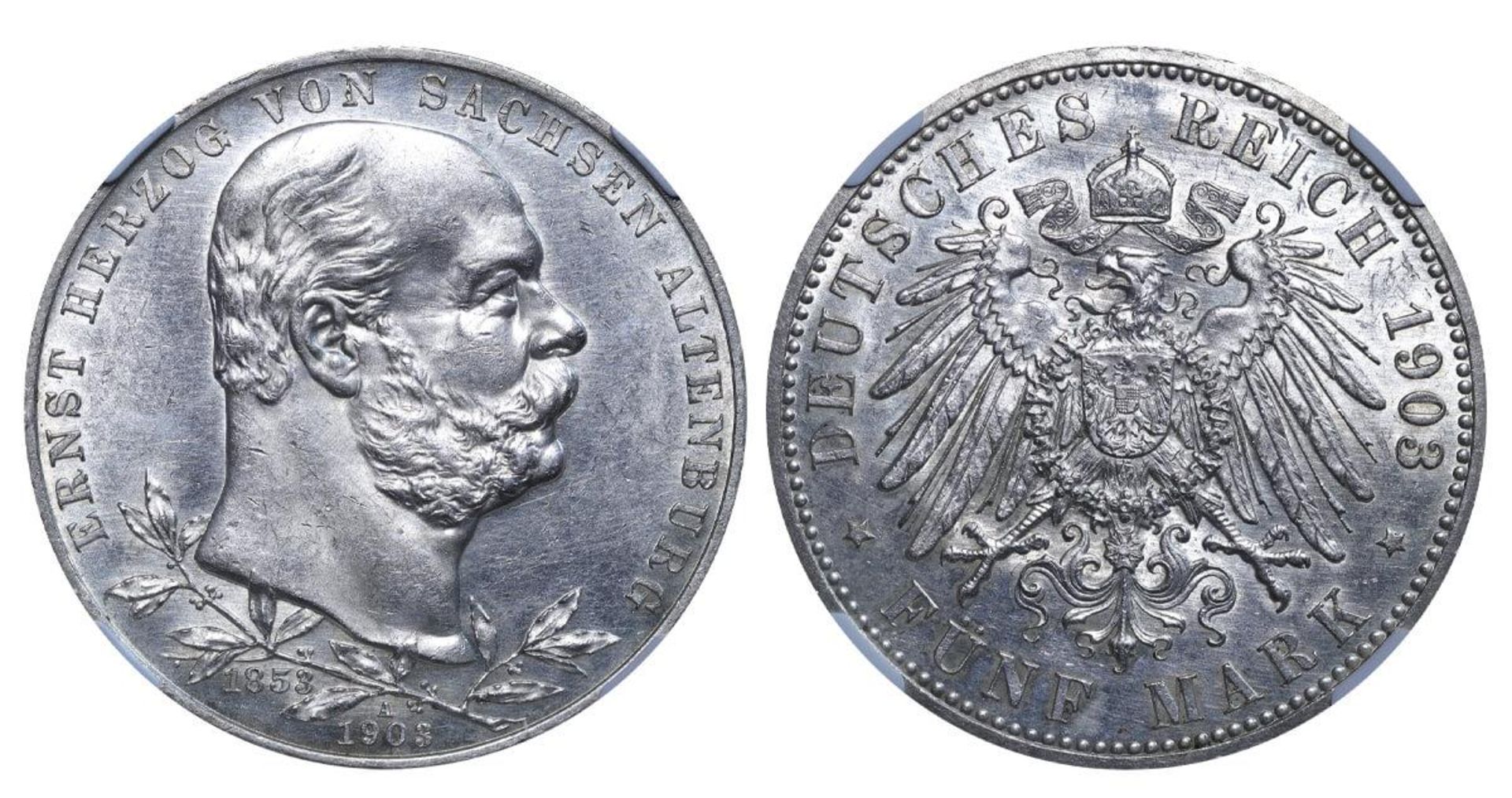 Duchy of Saxe-Altenburg, 5 Mark, 1903 year, A, 50th Anniversary of the Reign of Ernst I, NGC, UNC DE