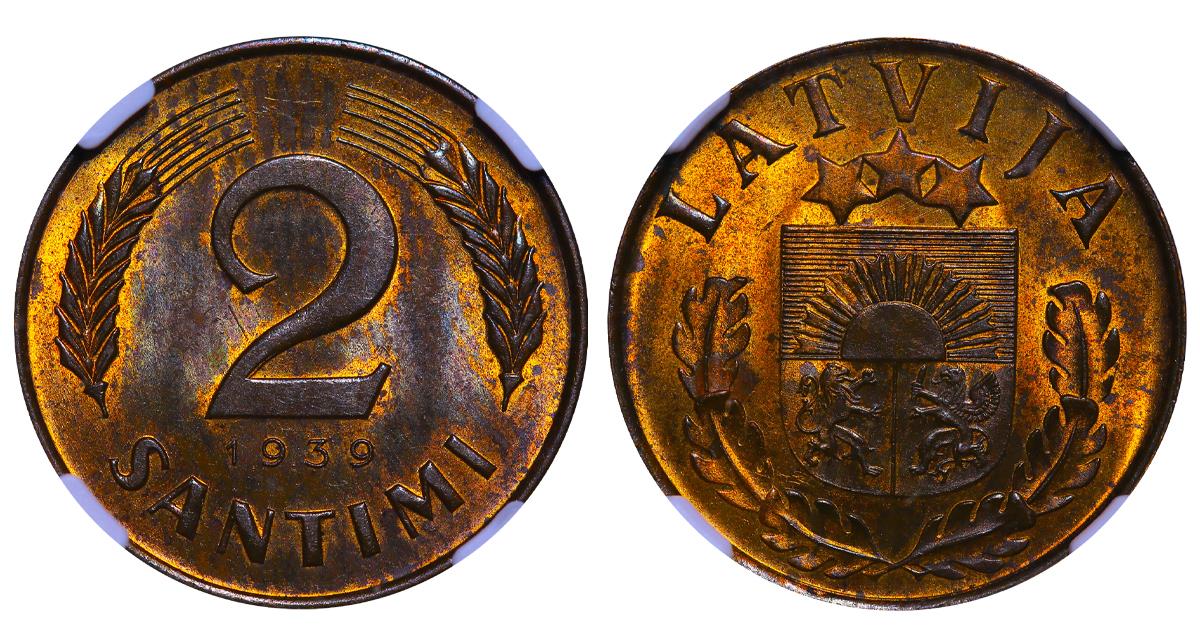 Latvia, 2 Santimi, 1939 year, NGC, MS 63 RB