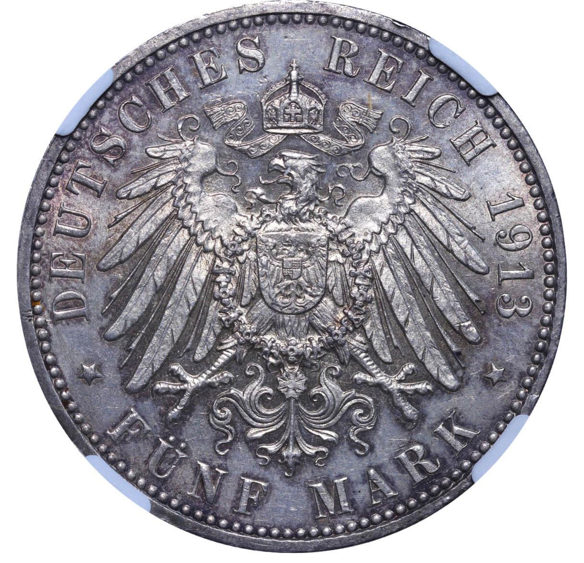 Free Hanseatic city of Hamburg, 5 Mark, 1913 year, J, UNC DETAILS OBV Spot Removed - Image 3 of 3