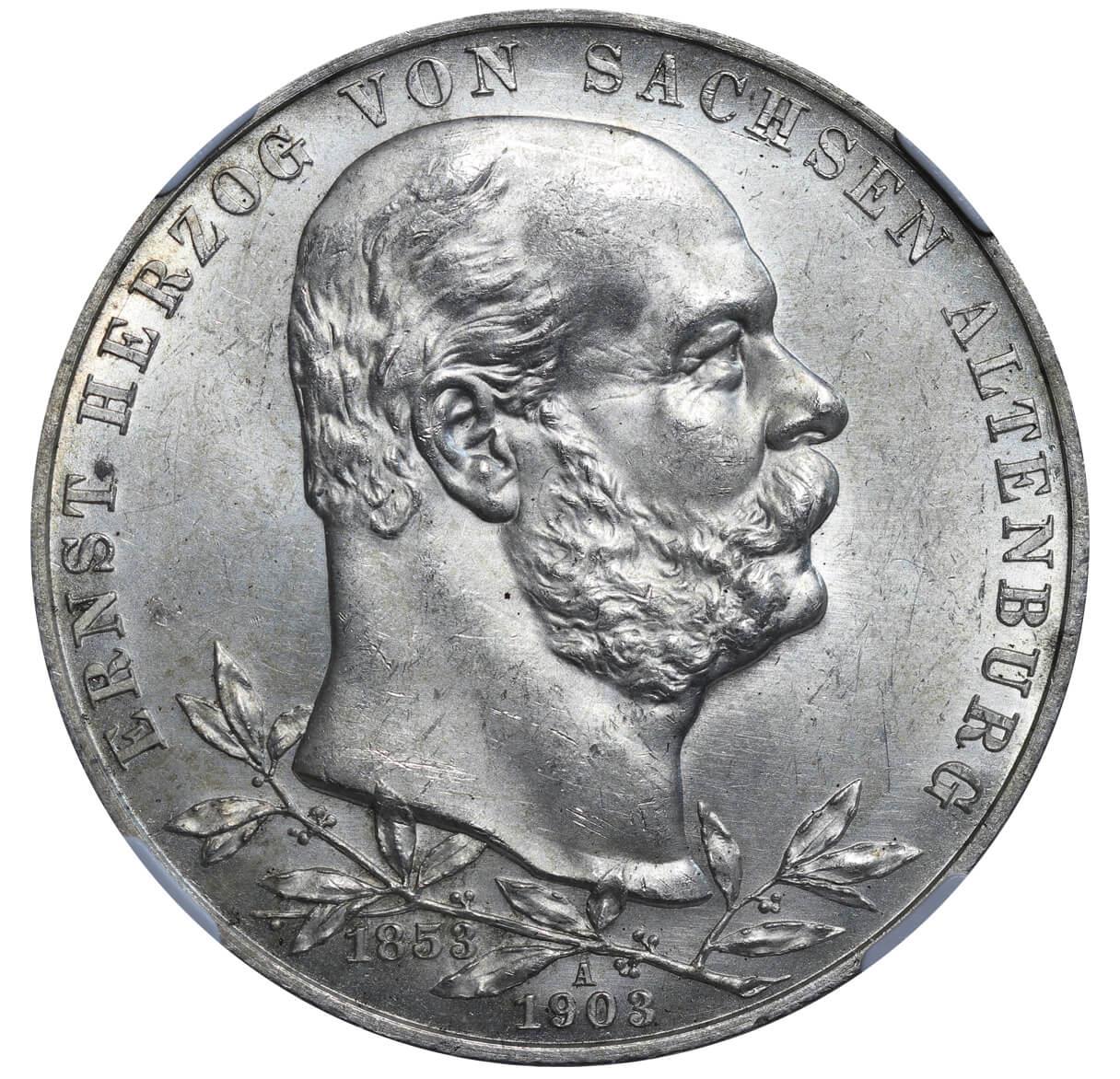 Duchy of Saxe-Altenburg, 5 Mark, 1903 year, A, 50th Anniversary of the Reign of Ernst I, NGC, MS 63 - Image 2 of 3