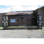 GREATBEAR 20' FARM IRON SWING GATE W/ SIDE PILLARS, POWDER COAT FINISH, GATE LATCH, & DEER ARTWORK