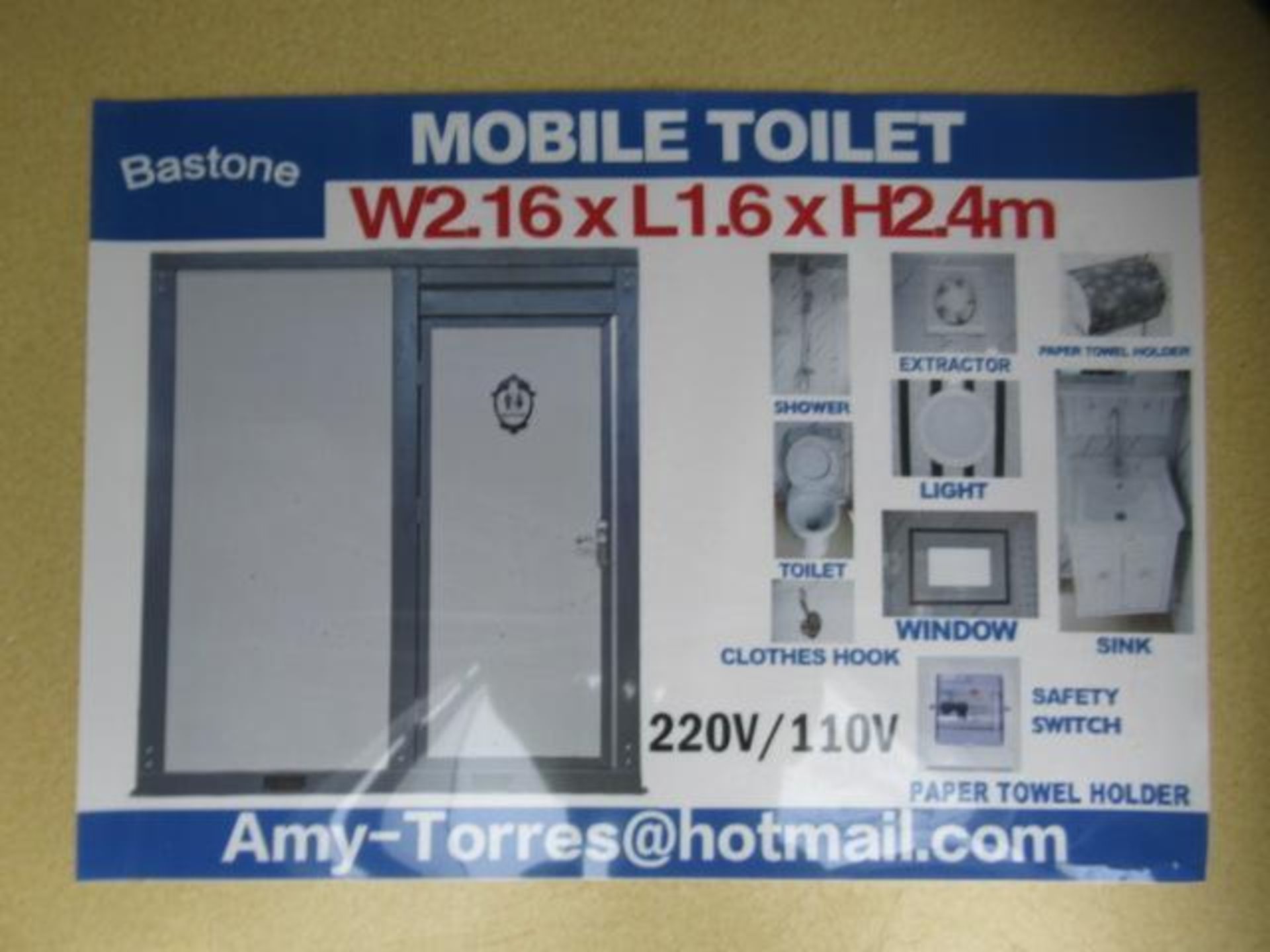 BASTONE 85'' X 63'' X 90'' 110V/220V PORTABLE RESTROOM W/ SHOWER, TOILET, VANITY SINK, FAN, LIGHTS, - Image 6 of 6