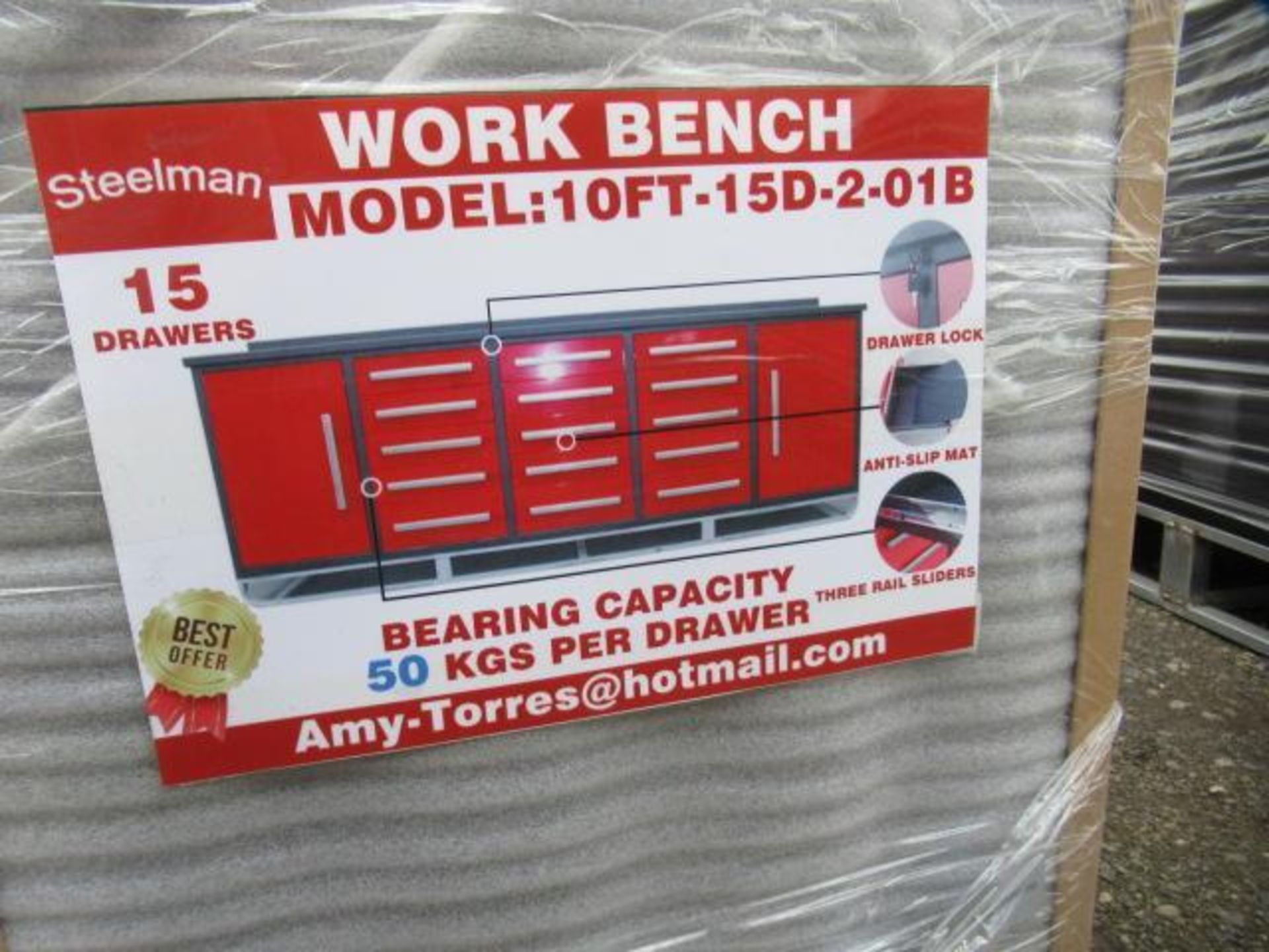 STEELMAN 10' X 22'' X 36'' INDUSTRIAL 15-DRAWER WORKBENCH W/ LOCKABLE DRAWERS (RED) (UNUSED) - Image 4 of 4