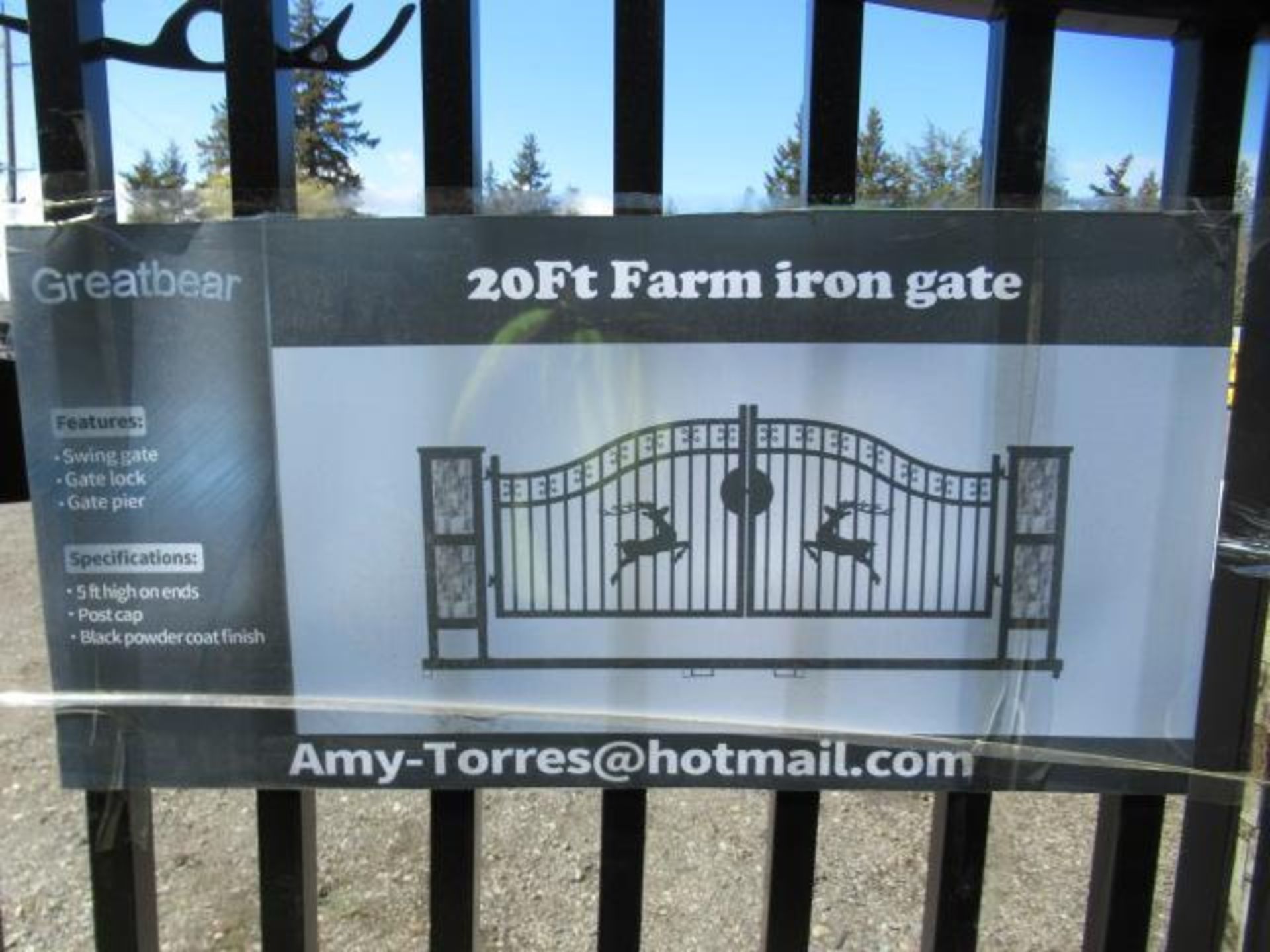 GREATBEAR 20' FARM IRON SWING GATE W/ SIDE PILLARS, POWDER COAT FINISH, GATE LATCH, & DEER ARTWORK - Image 4 of 4