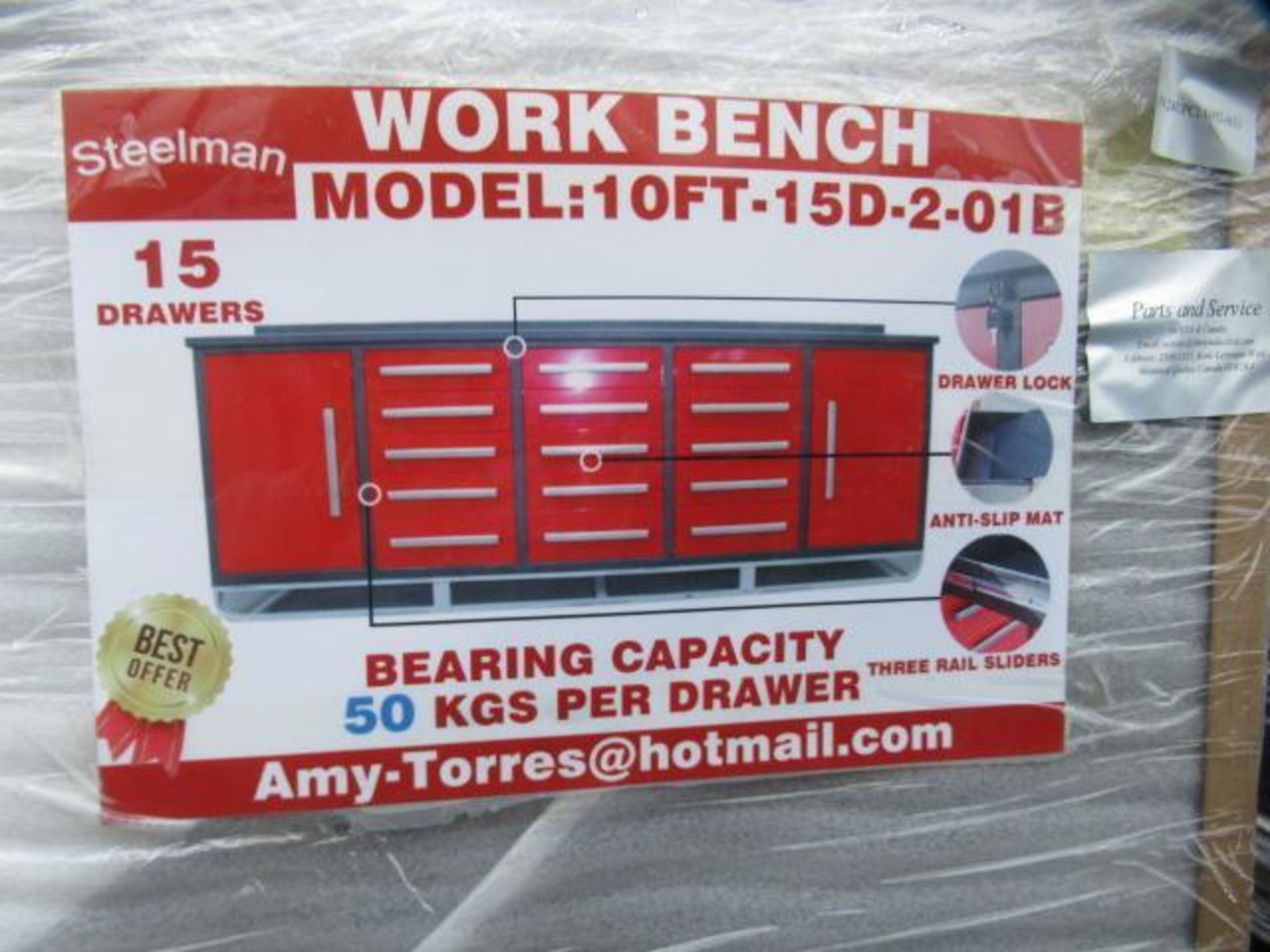 STEELMAN 10' X 22'' X 36'' INDUSTRIAL 15-DRAWER WORKBENCH W/ LOCKABLE DRAWERS (RED) (UNUSED) - Image 4 of 4