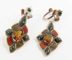 A pair of Victorian Scottish drop earrings, set wi