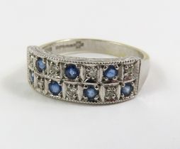 A 9ct white gold sapphire and diamond two row ring