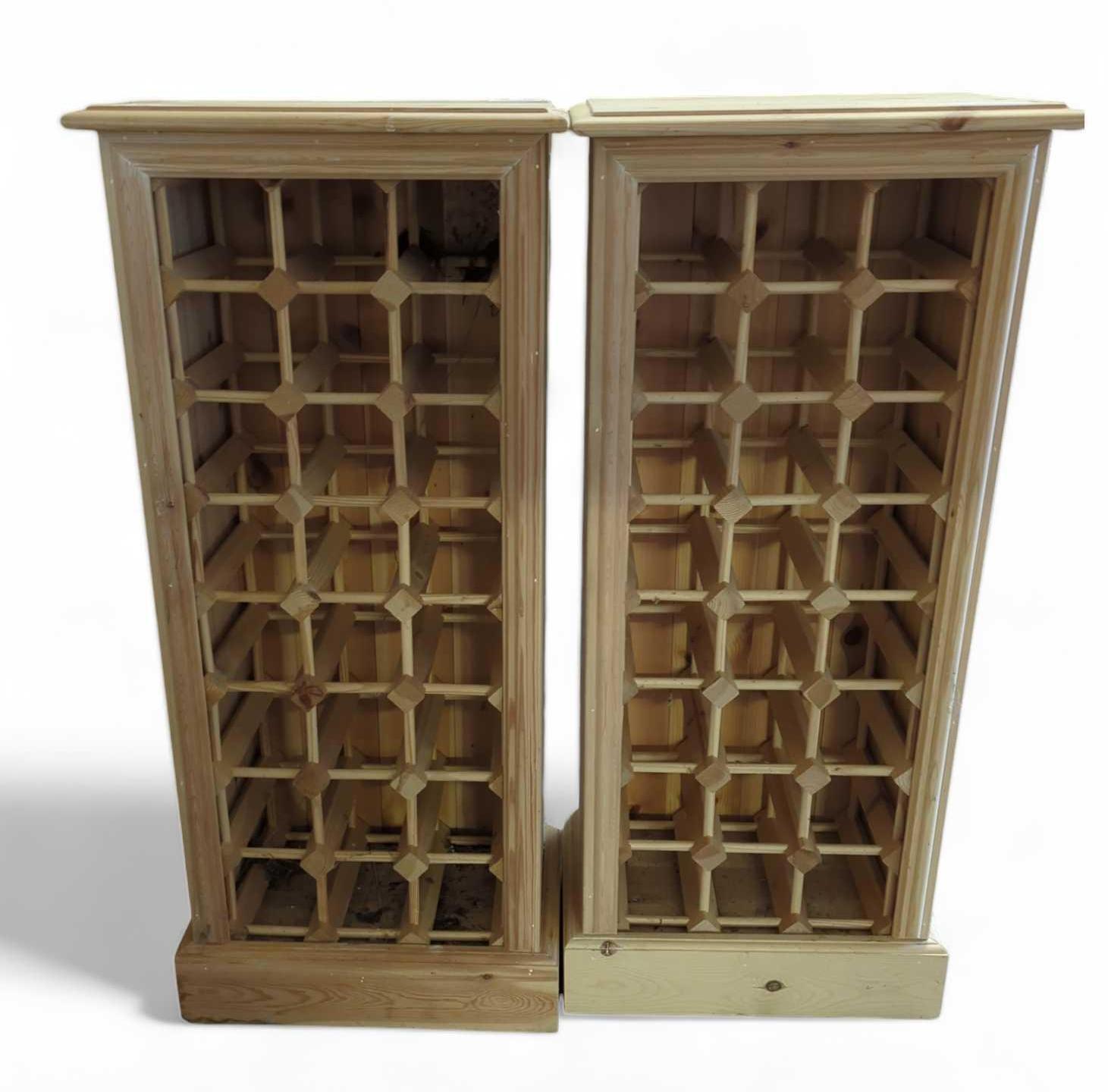 A pair of unfinished pine wine racks, each 90cm hi