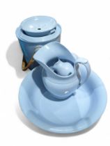 A sky blue Copeland Spode wash bowl and jug, two v
