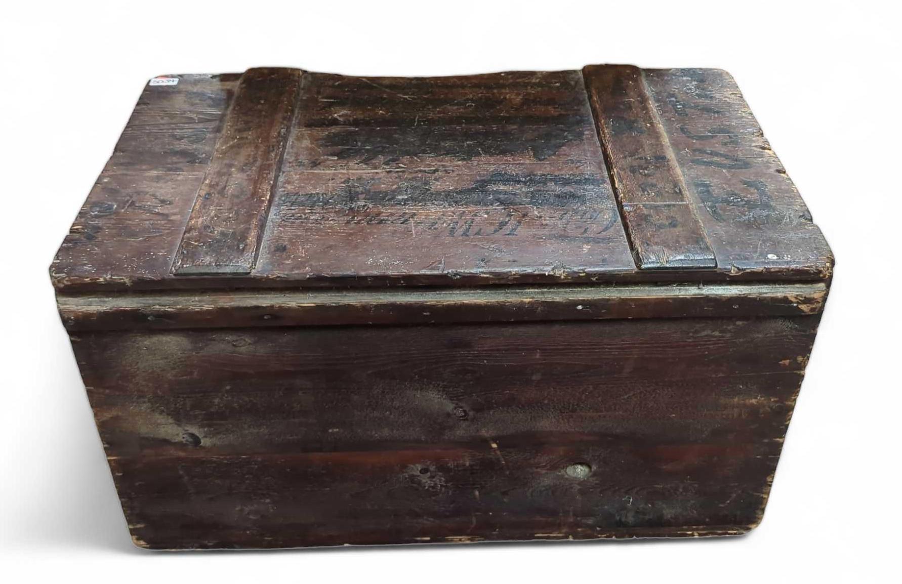 A 19th century stained pine storage trunk, with ti
