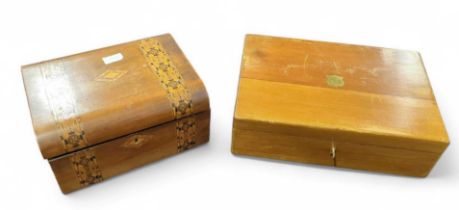 A marquetry decorated walnut work box and another