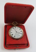 An Elgin gold plated open faced pocket watch, the round enamel
