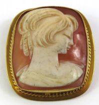 A rectangular orange and white shell cameo brooch,