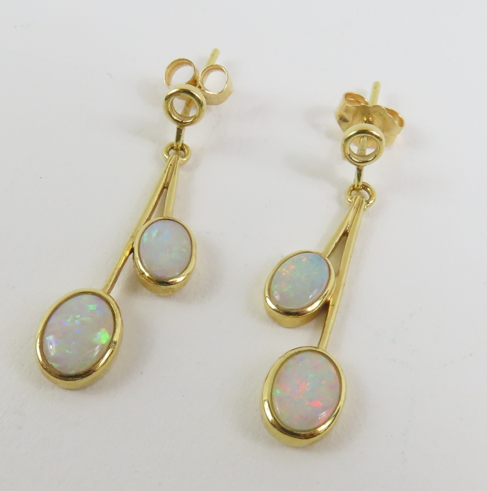 A pair of 18ct gold white opal drop earrings, the - Image 2 of 4
