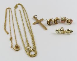 A 9ct gold cross, two 9ct gold chains, a pair of k