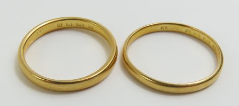 Two 22ct gold wedding bands, finger sizes K and M